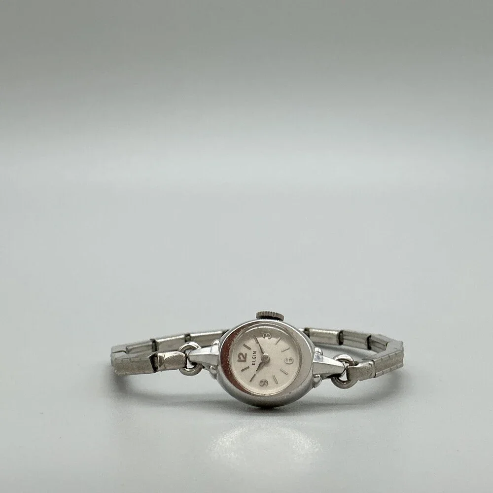 Vintage Elgin Womens Watch 10K RGP Bezel 14mm White Dial Stretch Bracelet Manual